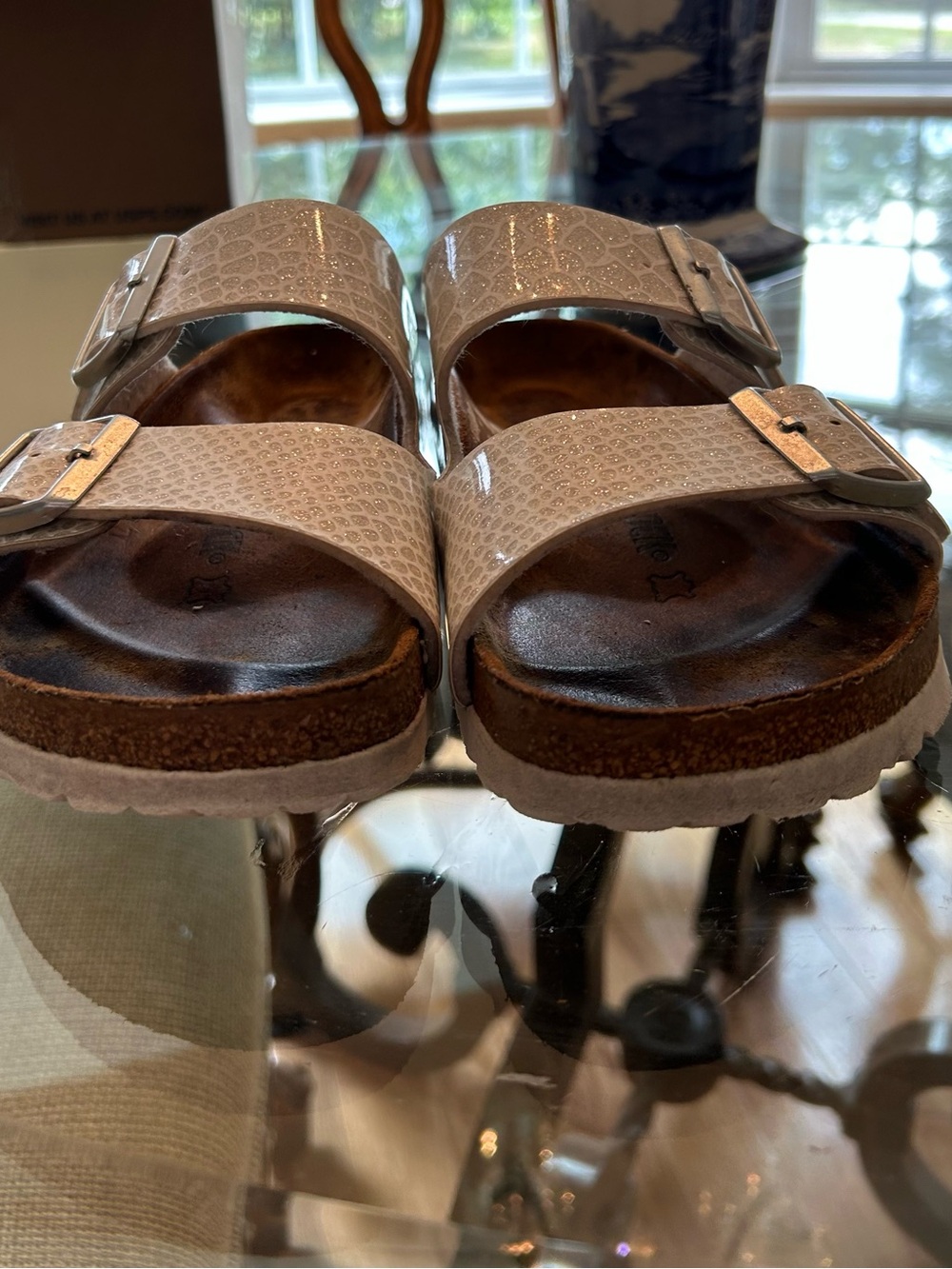 Birkenstock Arizona Two-Strap Sandals in Light Beige Croc-Embossed - Picture 7 of 9